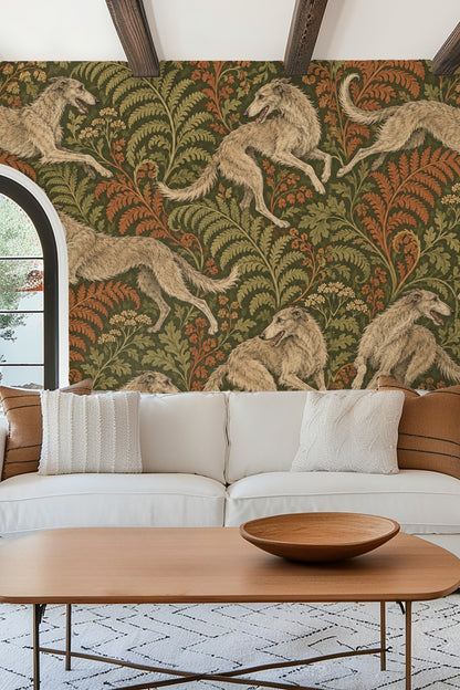 Section of wallpaper near molding with seamless repeating pattern of dogs and ferns.