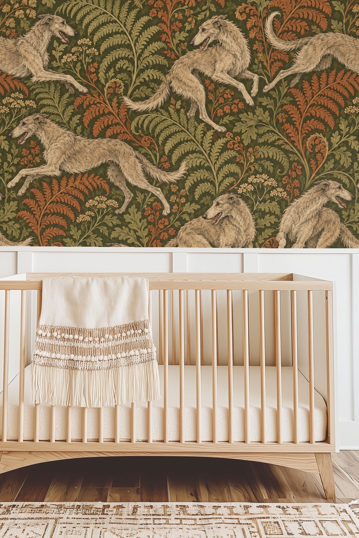 Textured wallpaper surface showing subtle brush strokes in the foliage and dog fur.