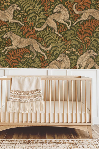 Textured wallpaper surface showing subtle brush strokes in the foliage and dog fur.