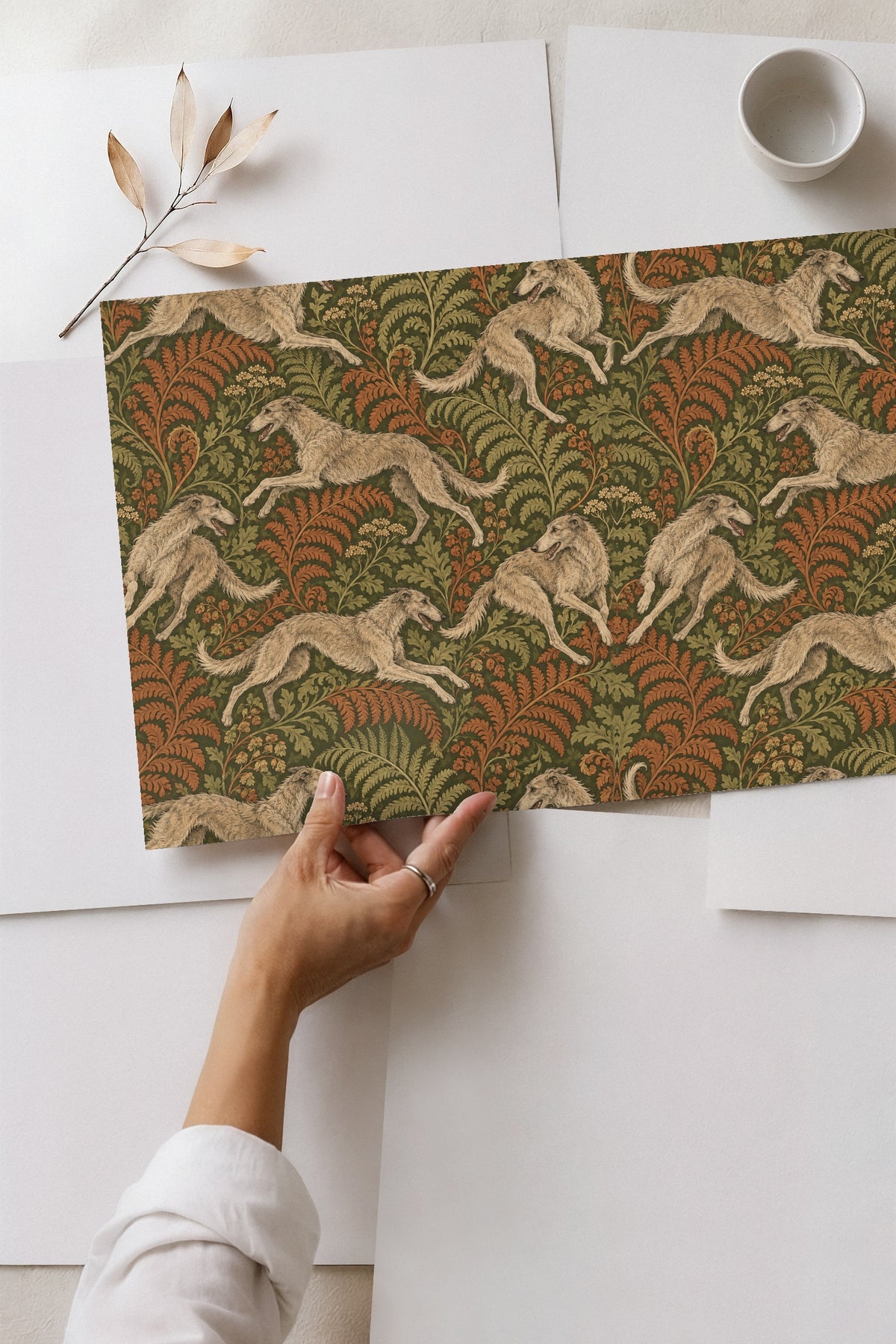 Texture detail of the foliage and botanical elements within the wallpaper pattern