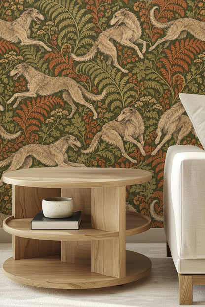 Pattern showing greyhounds in various poses intertwined with curling fern fronds.