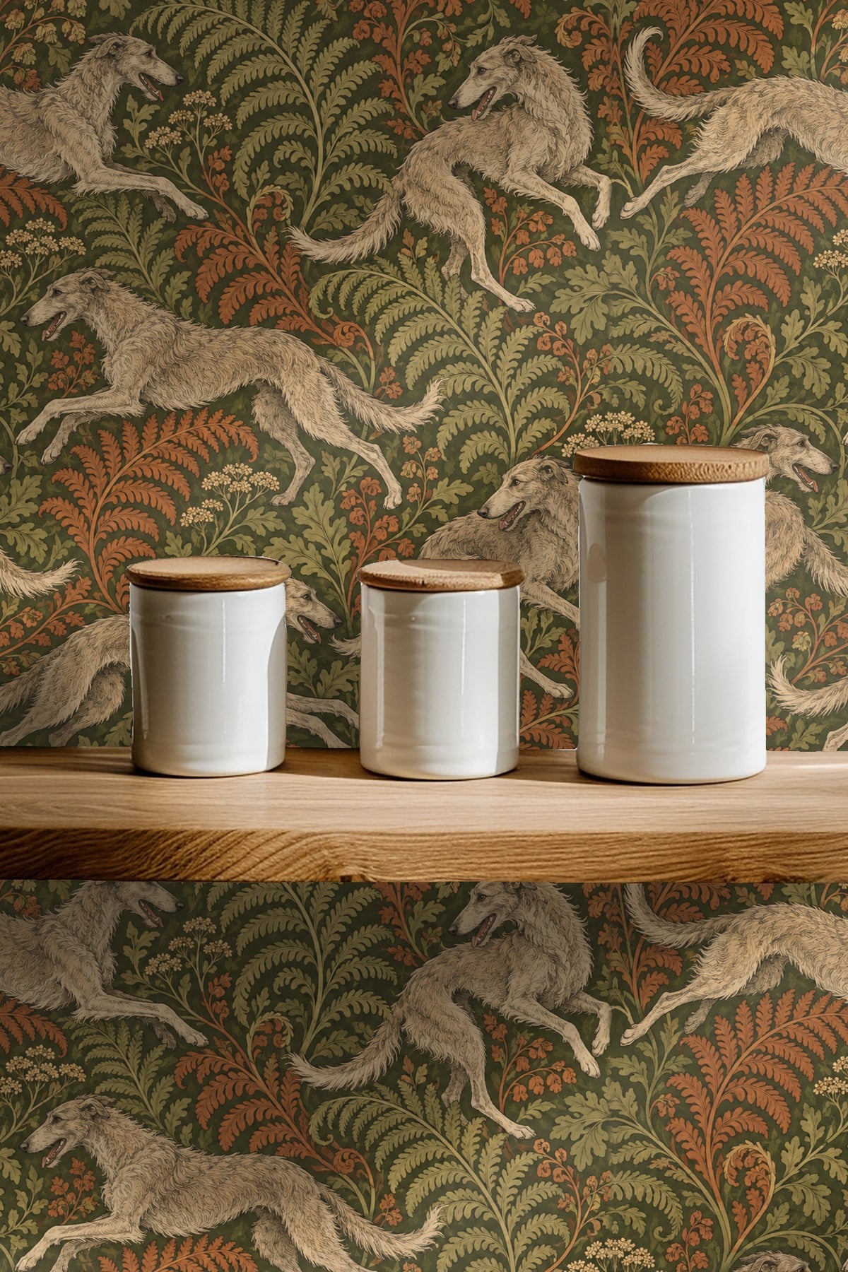 Repeating pattern of elegant greyhounds with botanical motifs in olive and rust hues.