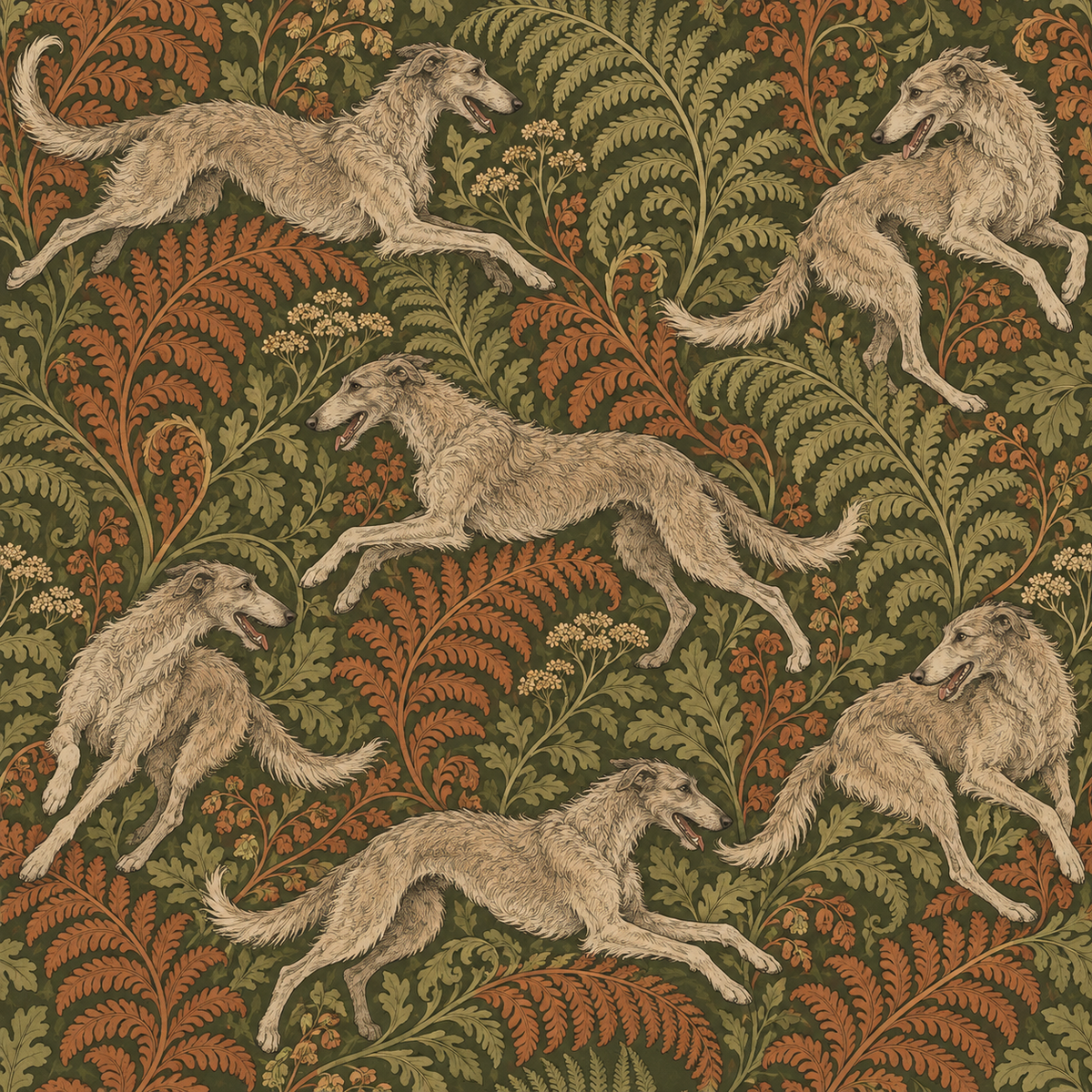 Full wallpaper panel demonstrating balance between large foliage elements and slender greyhounds. 