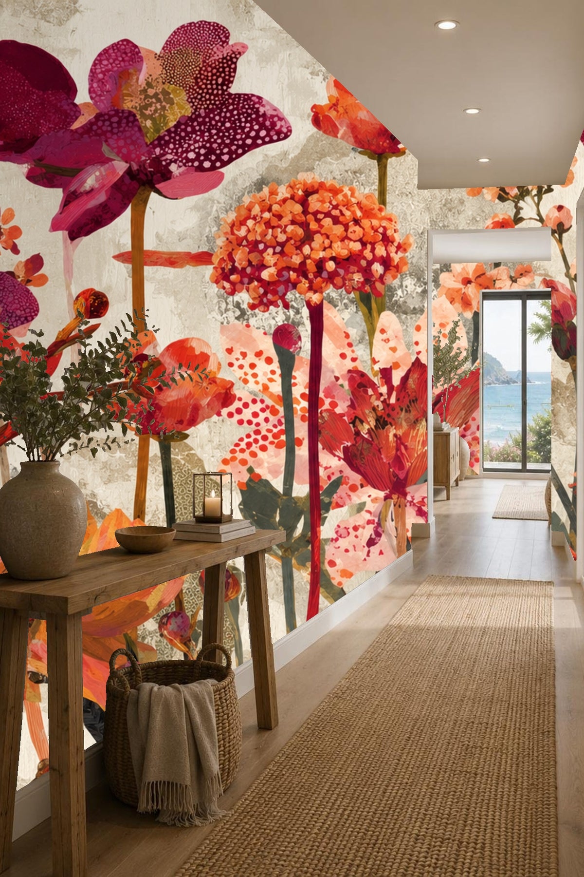 Textured Scarlet Flora wallpaper shown in an interior setting
