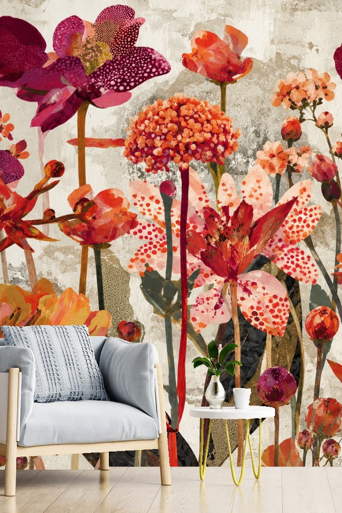 Textured Scarlet Flora wallpaper shown in an interior setting