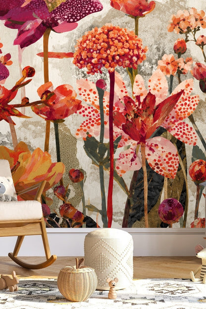 Textured Scarlet Flora wallpaper shown in an interior setting