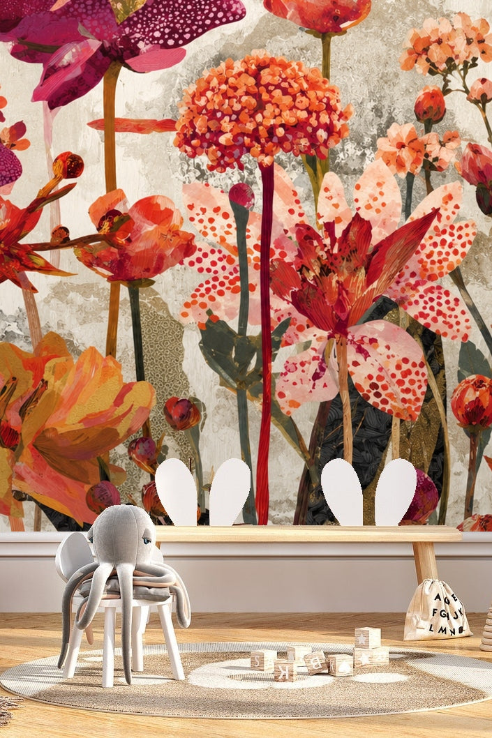 Textured Scarlet Flora wallpaper shown in an interior setting