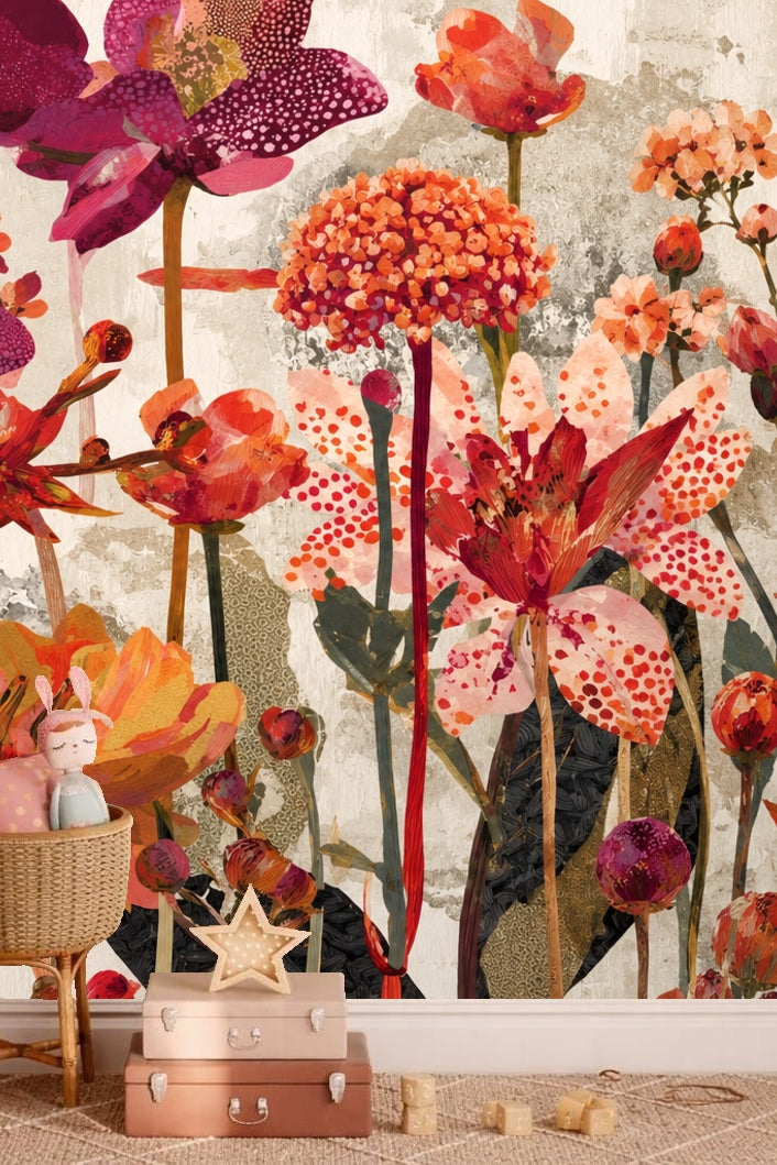 Wallpaper artwork showing a dense arrangement of red spotted dahlias and orange poppies with textured background.