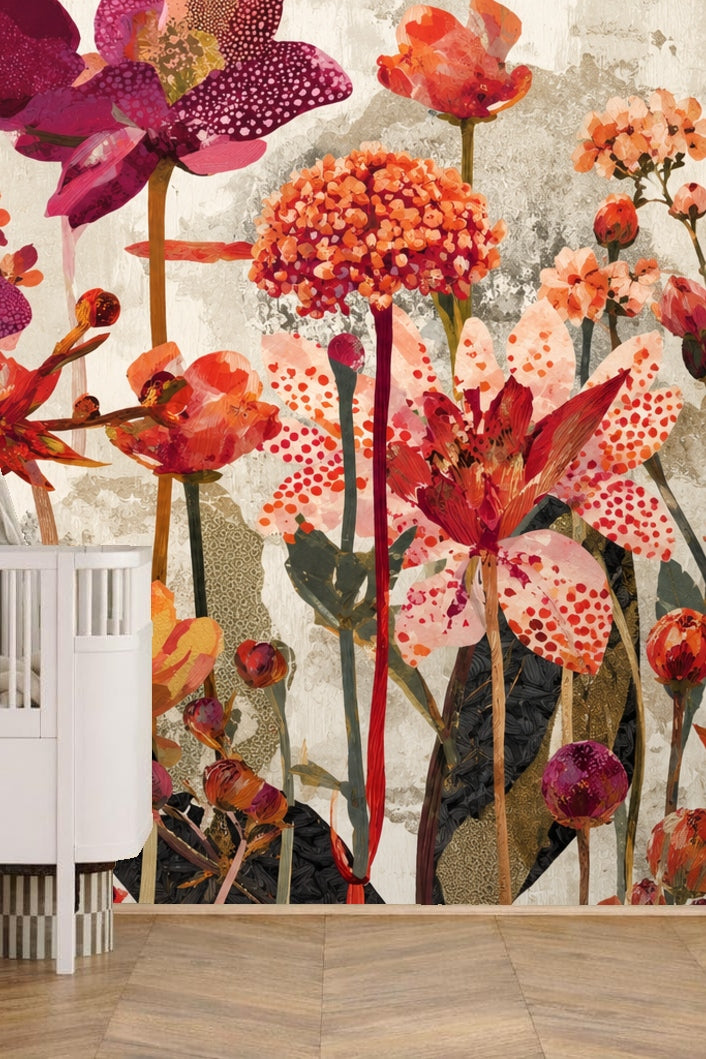 Textured Scarlet Flora wallpaper shown in an interior setting