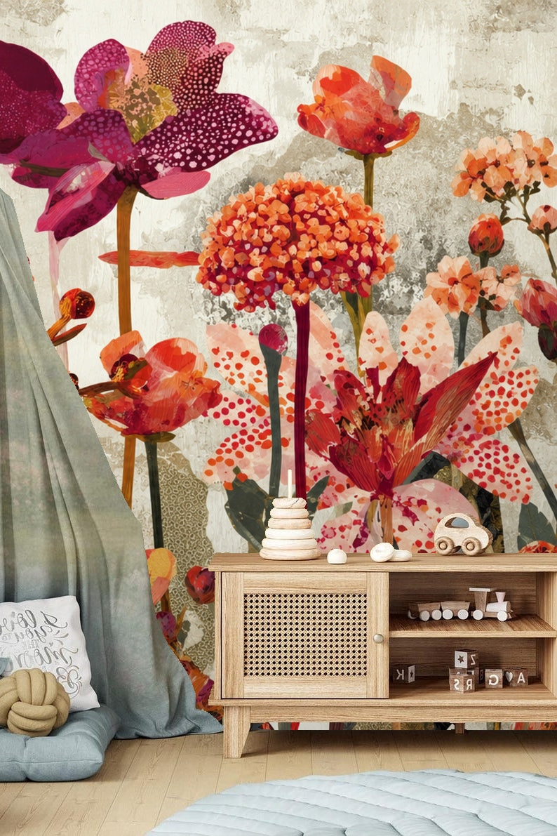 Textured Scarlet Flora wallpaper shown in an interior setting