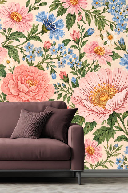 Wood accent furniture complemented by vintage floral wallpaper