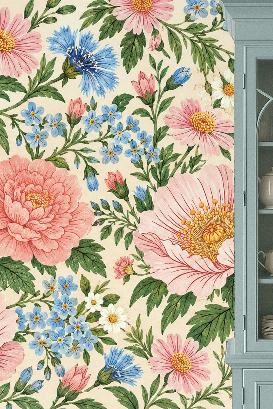 Approximate scale of pink peonies and bluets on wallpaper pattern