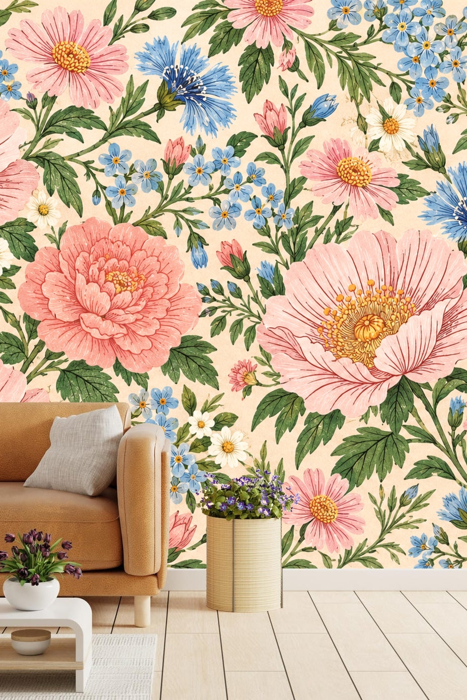 Living room console against wall covered in floral wallpaper with pink and blue blooms