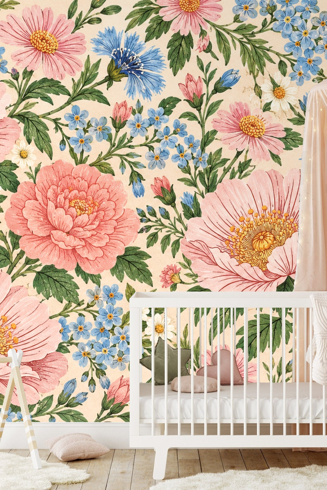 Naturalistic botanical wallpaper adding warmth and color depth
