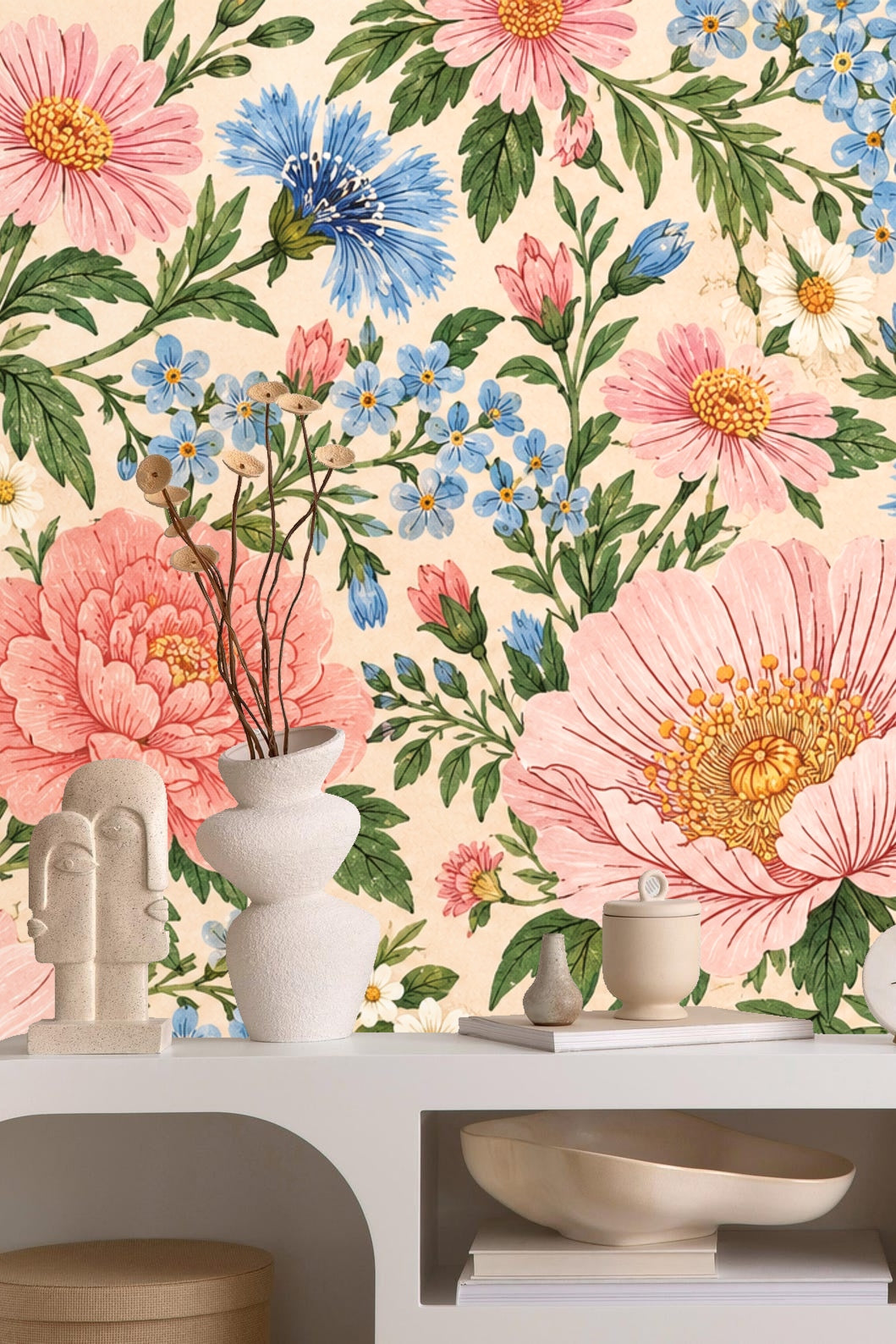 Texture detail of linework and shading in floral wallpaper design