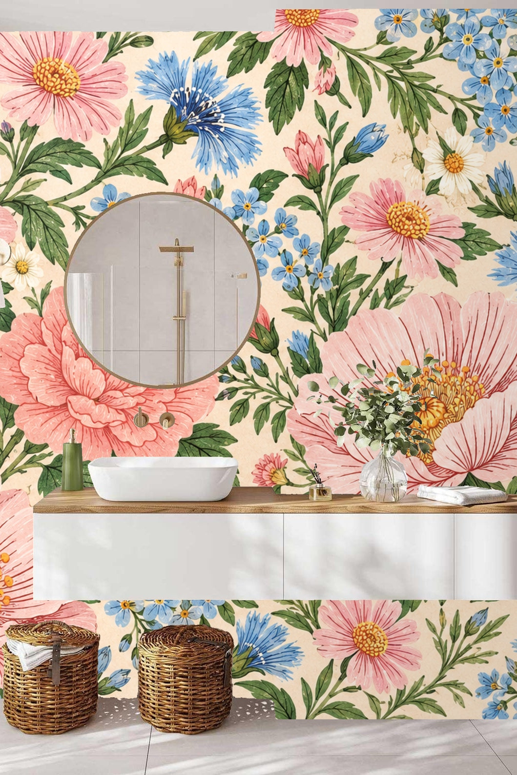 Soft cream background contrasting with lush green foliage in wallpaper