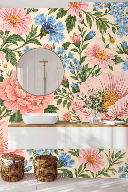 Soft cream background contrasting with lush green foliage in wallpaper