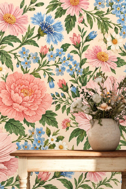 Combination of flower types including peonies, poppies, daisies, and bluets
