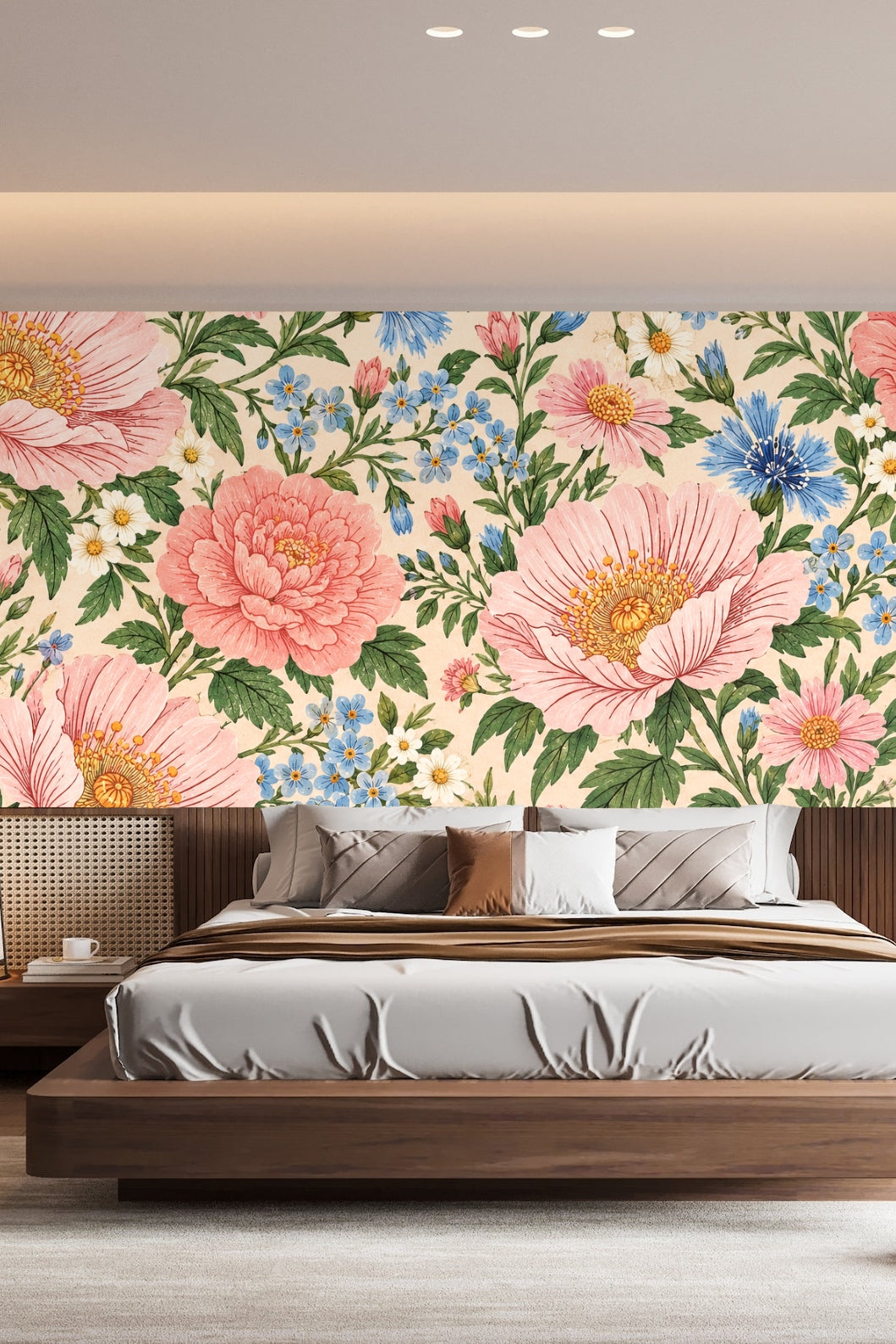 Bedroom interior featuring wallpaper with large-scale pink and blue flowers behind bed