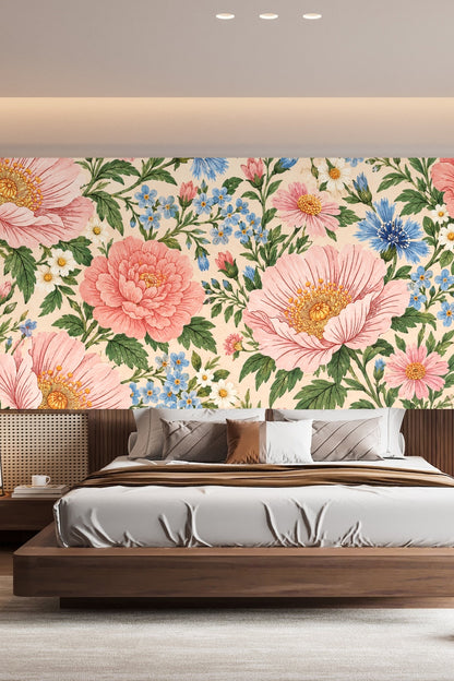 Bedroom interior featuring wallpaper with large-scale pink and blue flowers behind bed