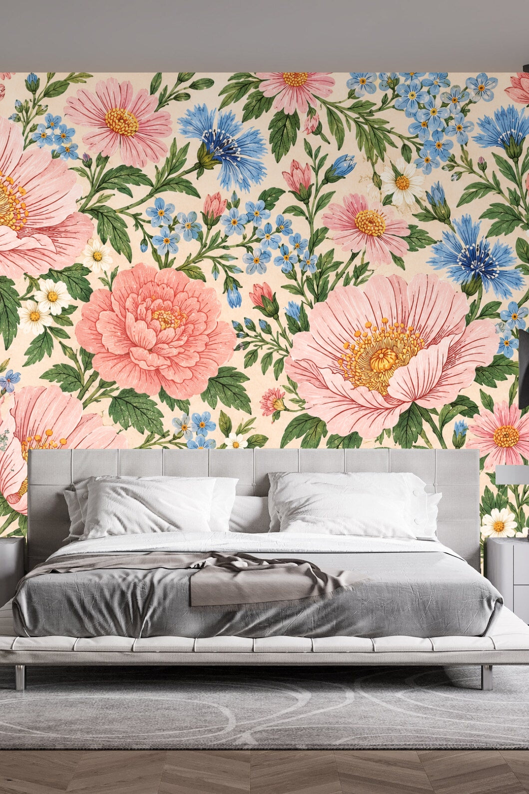 Crisp botanical illustration style flowers in pink and blue hues