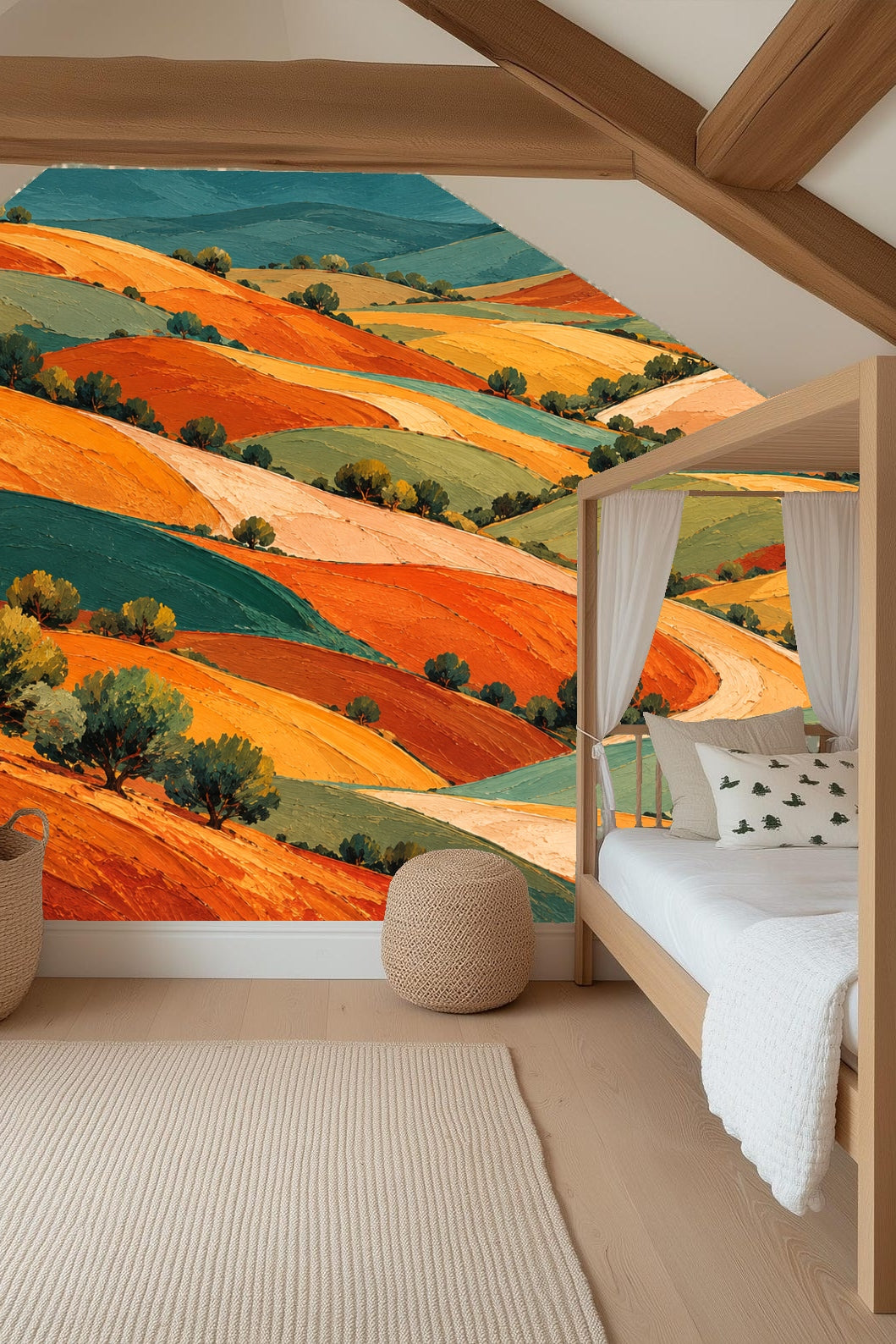Painterly wallpaper featuring a textured landscape of rolling hills in burnt orange, sage, and teal.