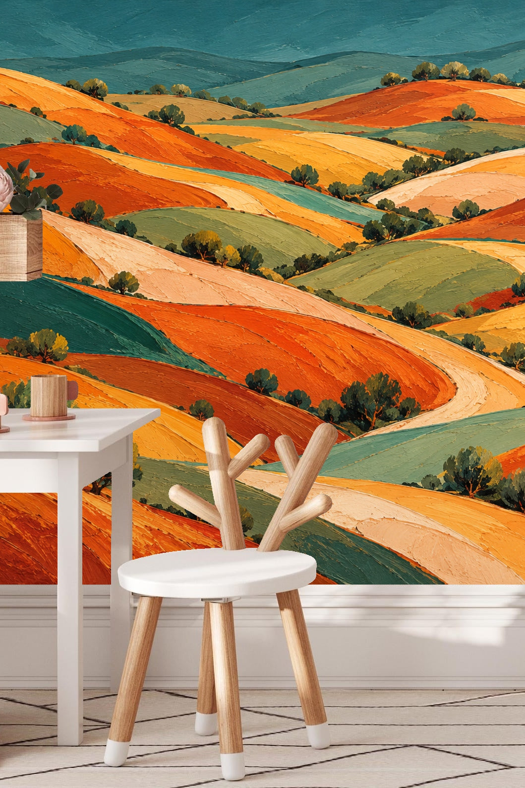 Close-up detail showing thick impasto brush strokes on rolling hill wallpaper.