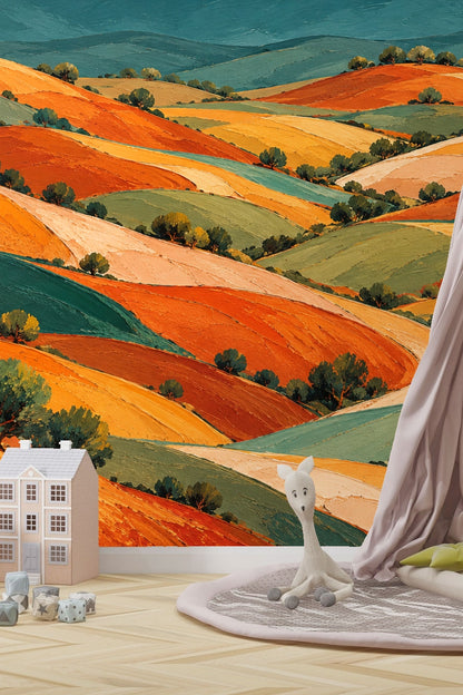 Partial wall view showing fluid ribbon shapes in orange and teal hills wallpaper.