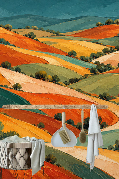 Corner angle of room featuring expansive impressionistic hillscape wallpaper.