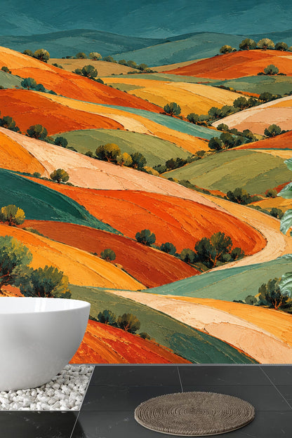 Artistic wallpaper panorama evoking a painterly countryside with warm colors.