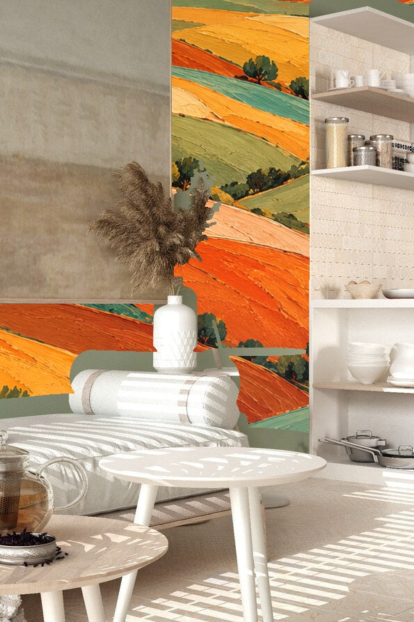 Decor details with woven baskets and simple furnishings in front of the landscape wallpaper.