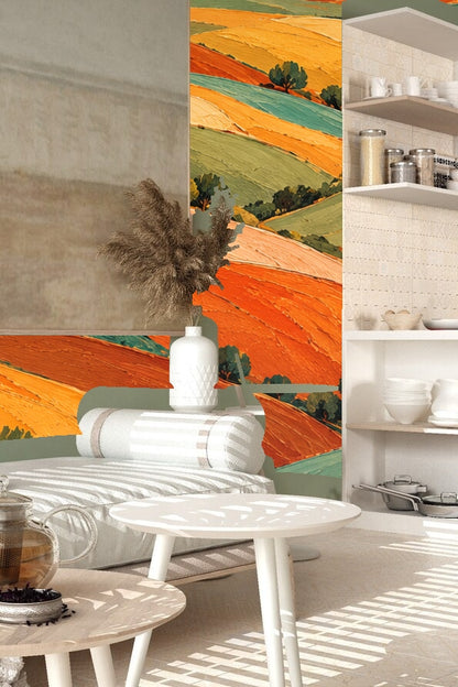 Decor details with woven baskets and simple furnishings in front of the landscape wallpaper.