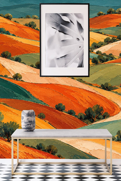 Colorful rolling hills wallpaper complementing minimalist neutral furnishings.