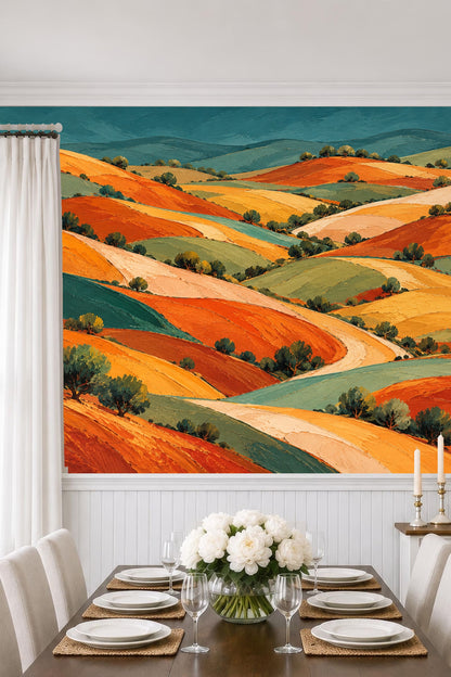 Wide shot of wallpaper mural with tree clusters and flowing hill forms.