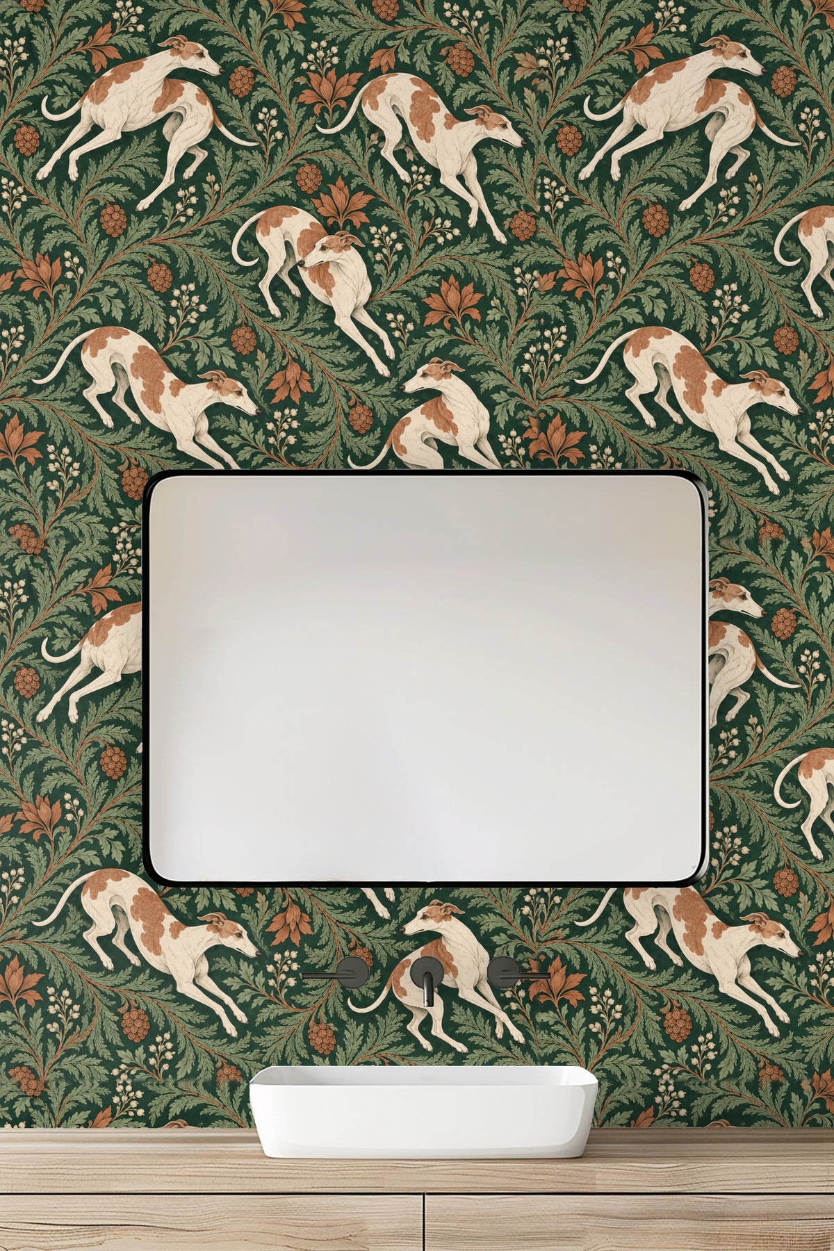 Branch with stylized large amber leaves and white small berries from wallpaper