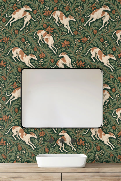 Branch with stylized large amber leaves and white small berries from wallpaper