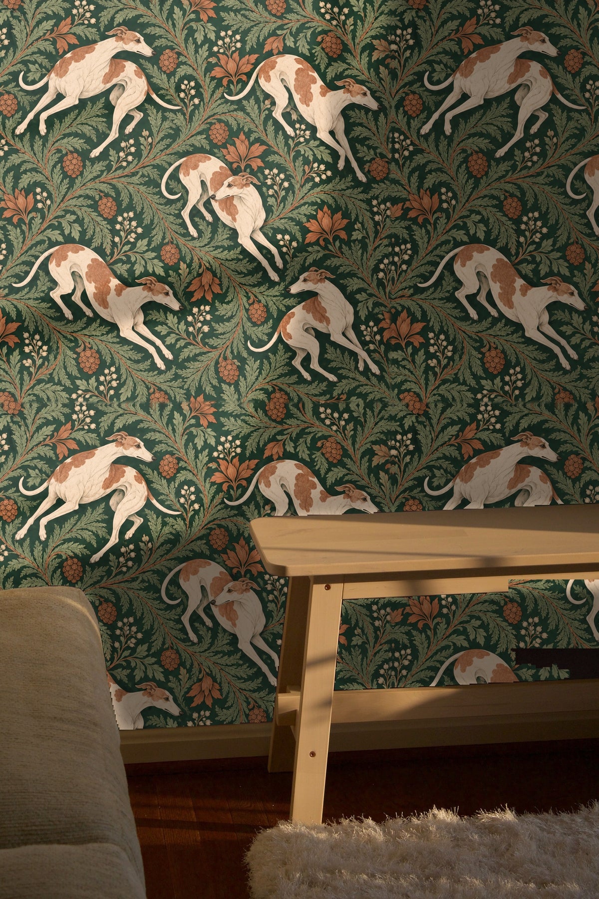 Illustrated curling leafy vines in muted green from wallpaper