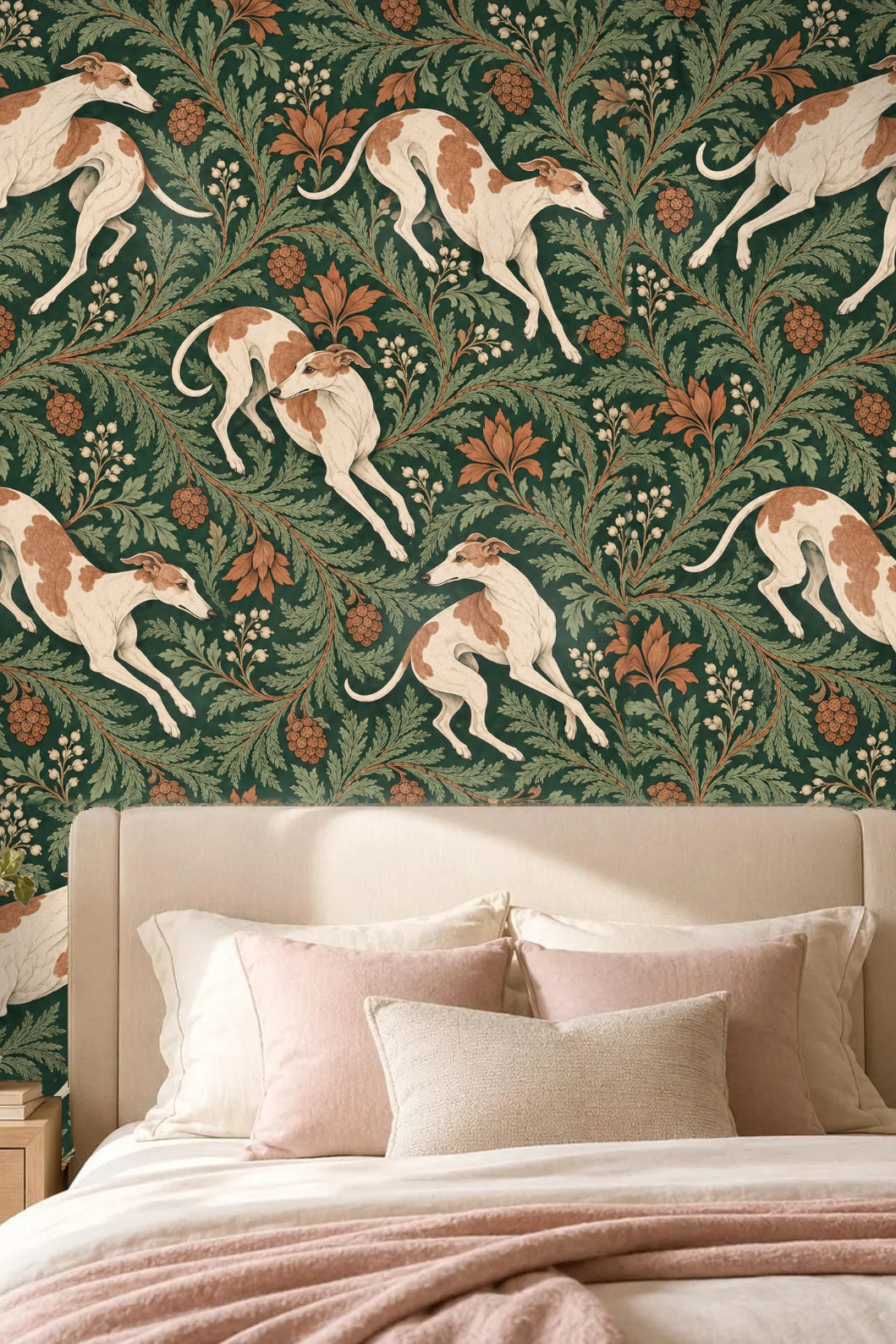 Wallpaper artwork showing leaping tawny-spotted hounds against deep green foliage