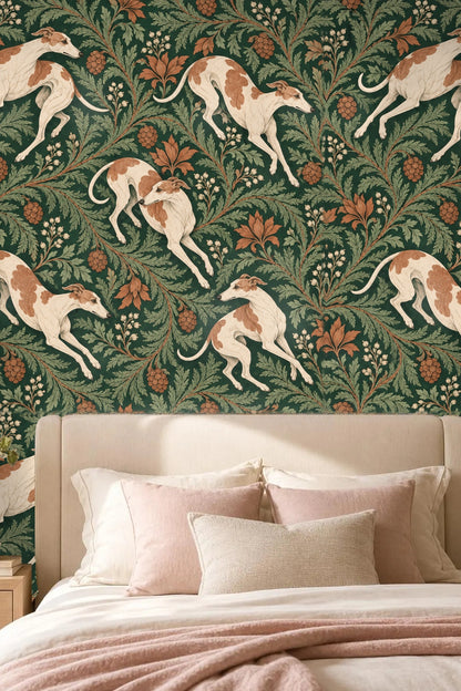 Wallpaper artwork showing leaping tawny-spotted hounds against deep green foliage