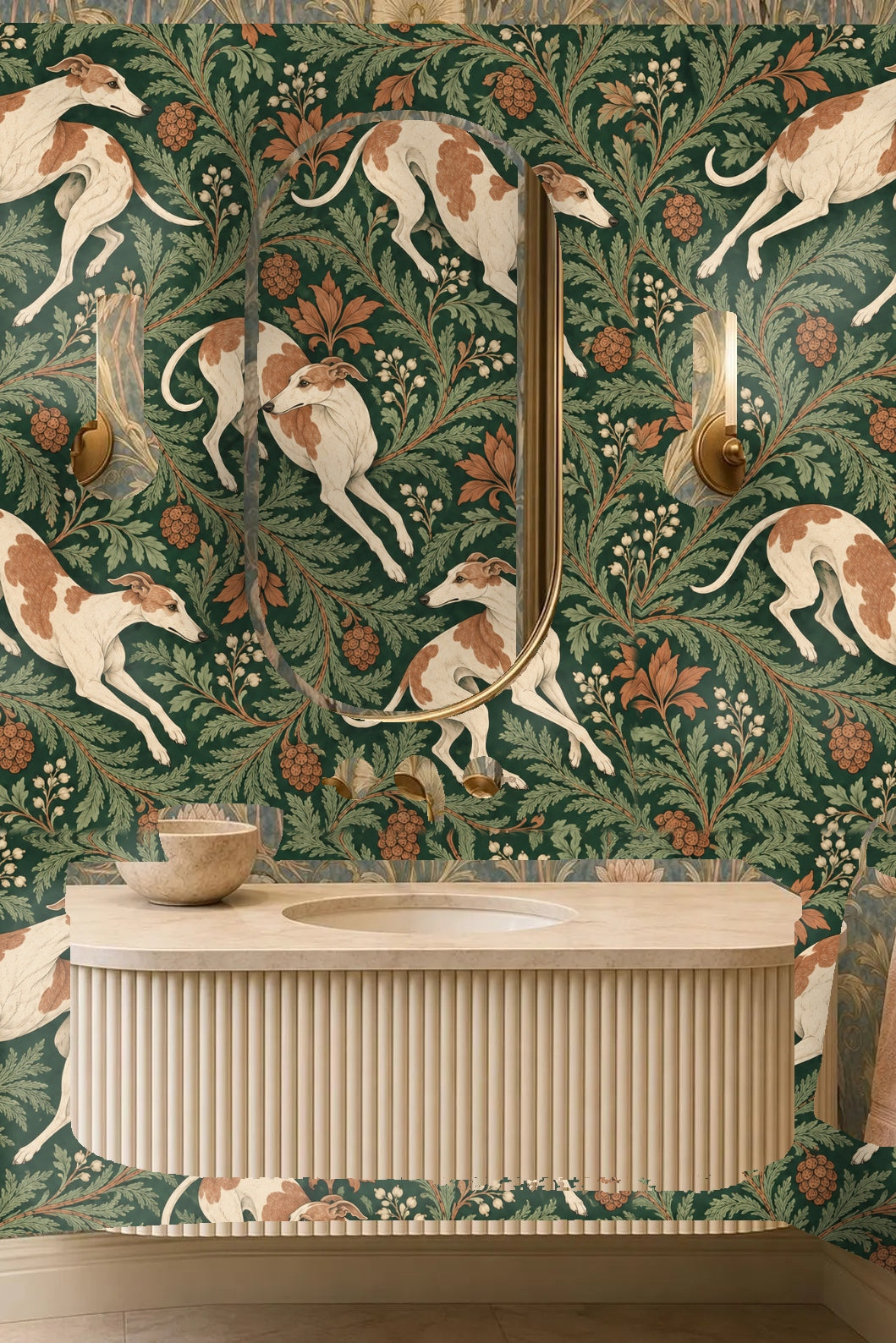 Living room with cream sofa and green botanical and hound wallpaper background
