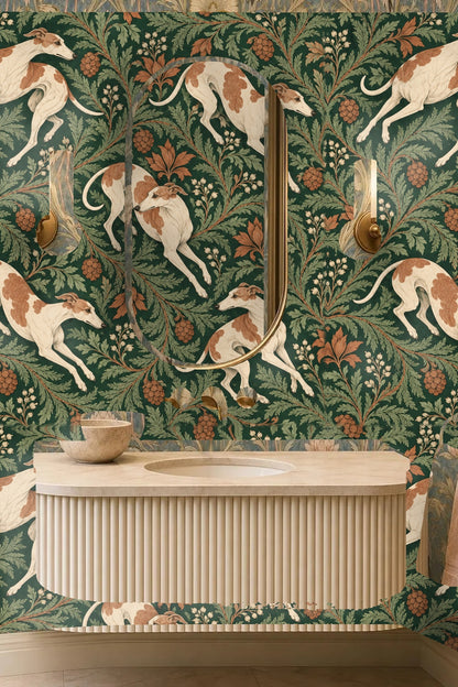 Living room with cream sofa and green botanical and hound wallpaper background