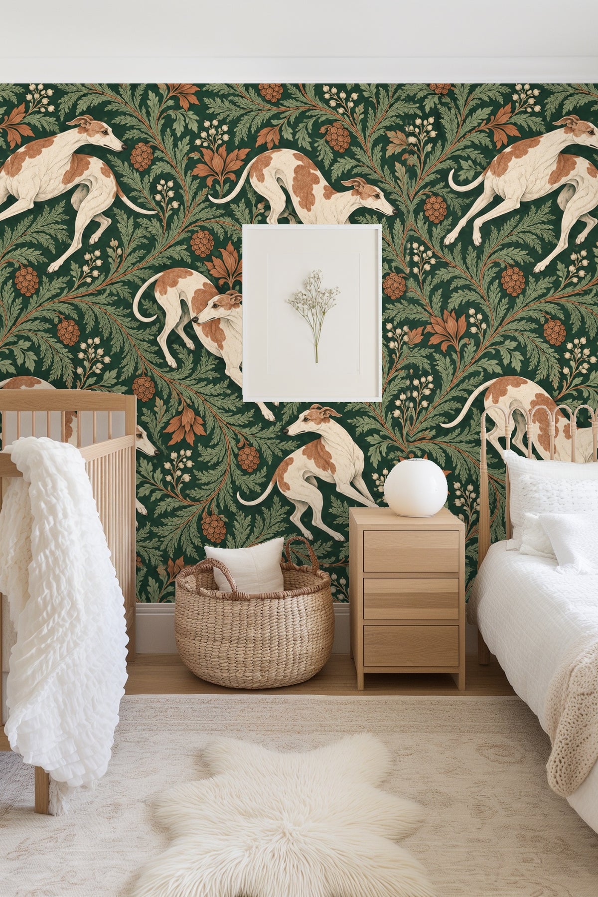 Close-up of detail on a single leaping tawny-spotted hound in wallpaper