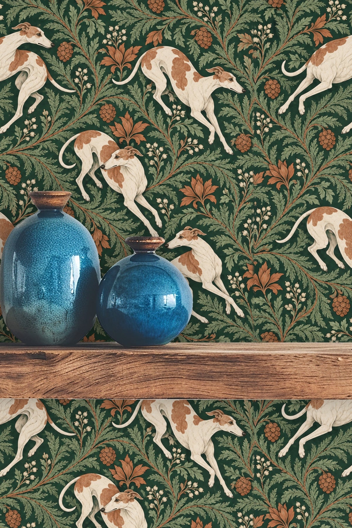 Cluster of pinecone shapes and soft green leaves from wallpaper design