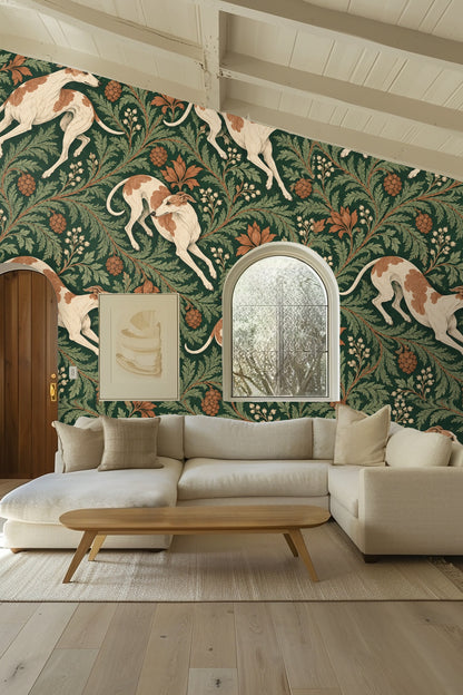 Soft shadows cast over beige sofa under richly patterned wallpaper