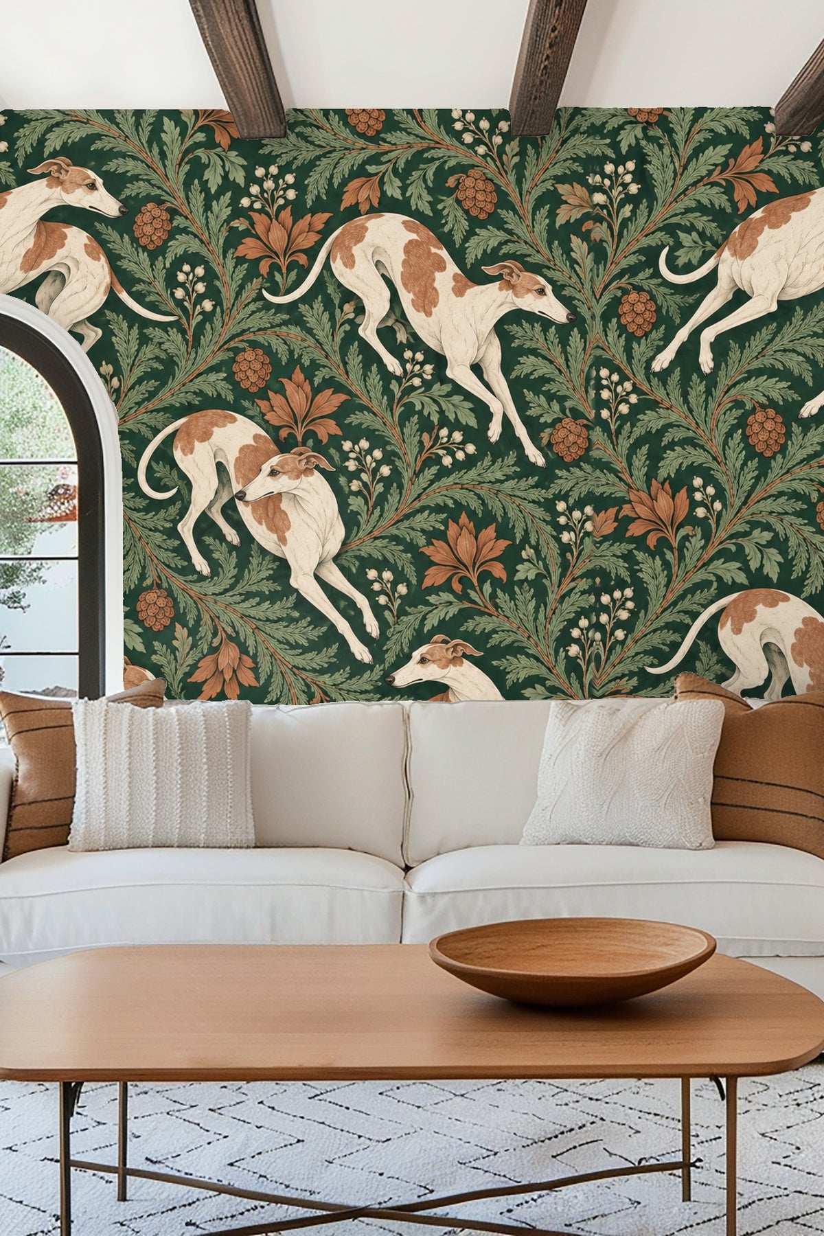 Bedroom with wallpaper of tawny-spotted hounds and botanical elements, beige bed and pillows