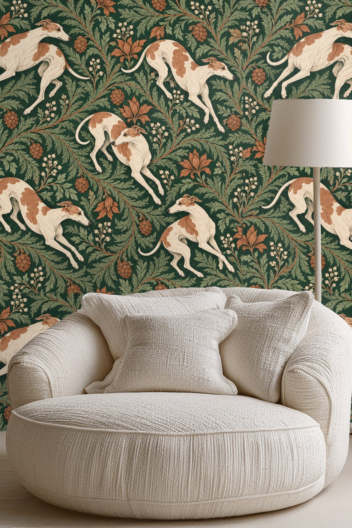 Repeated pattern showing hounds in various leaping poses