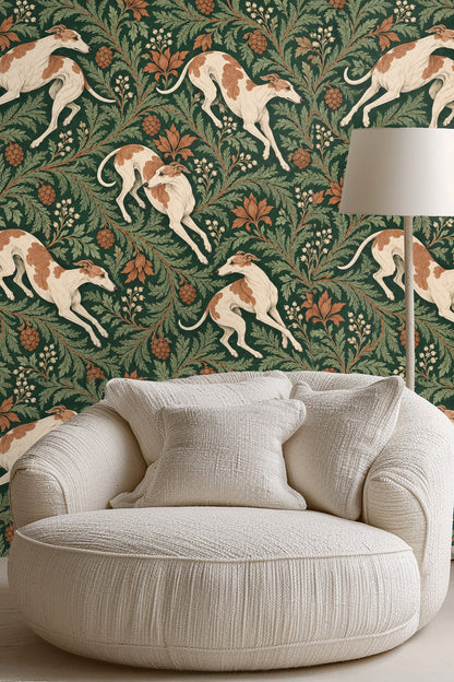 Repeated pattern showing hounds in various leaping poses