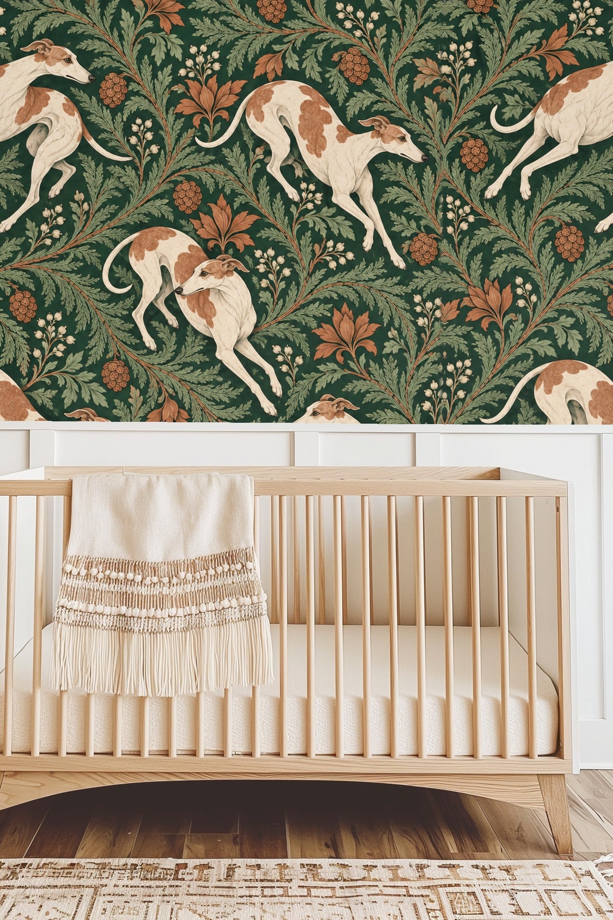 Detailed pattern section with hound near pinecone cluster