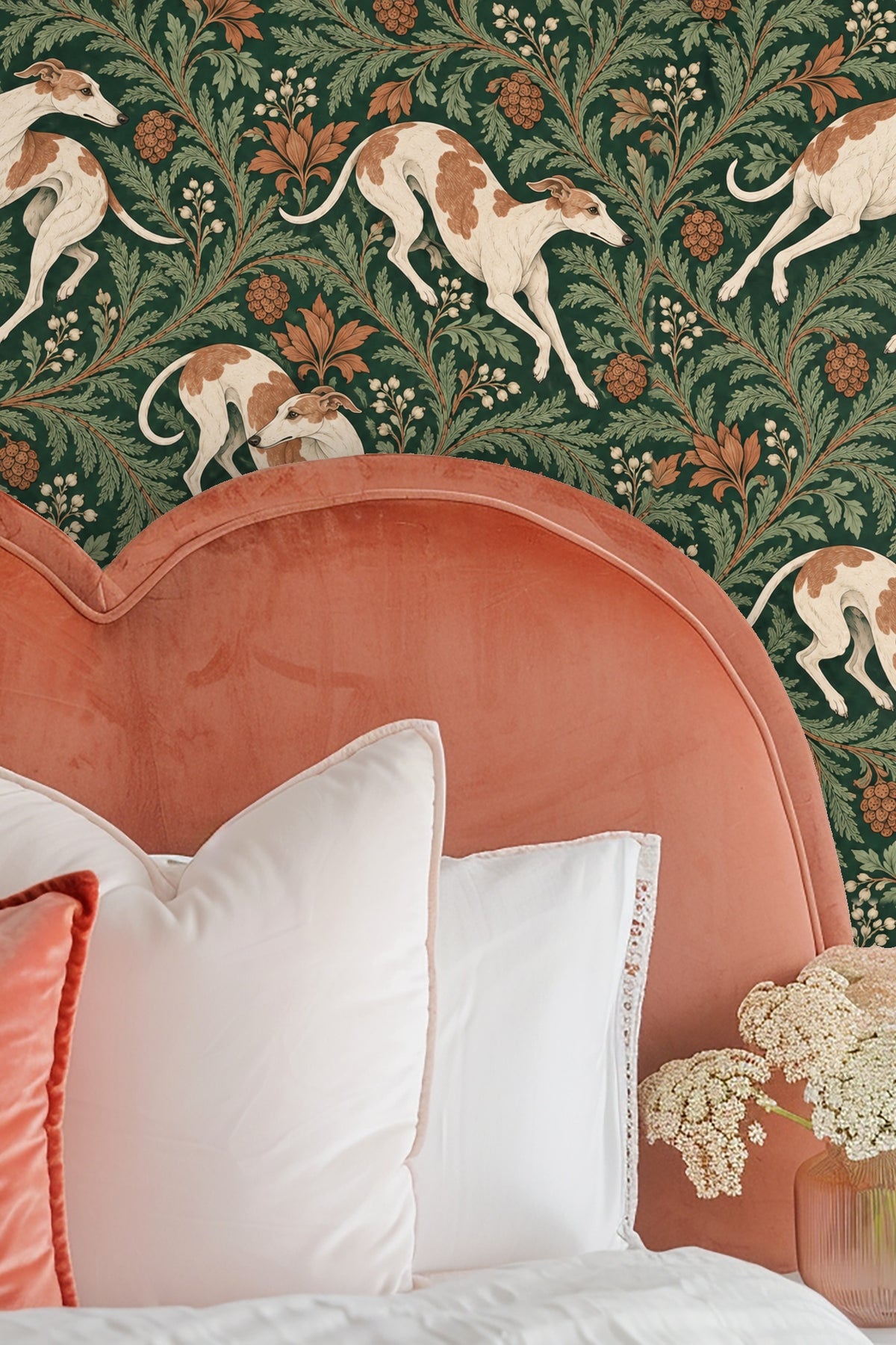 Partial view of a hound's face in wallpaper design