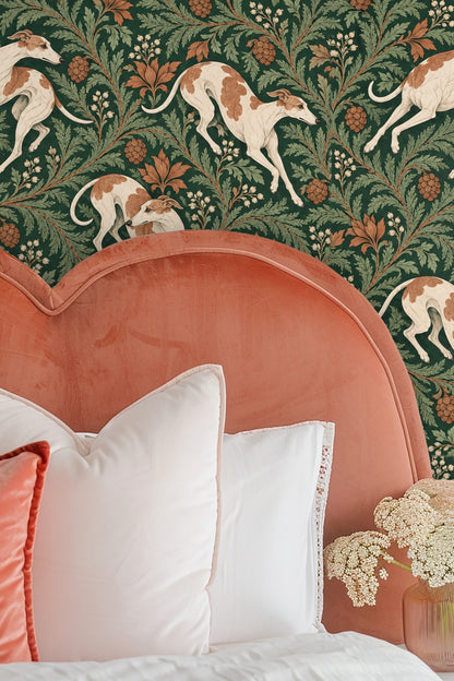 Partial view of a hound's face in wallpaper design